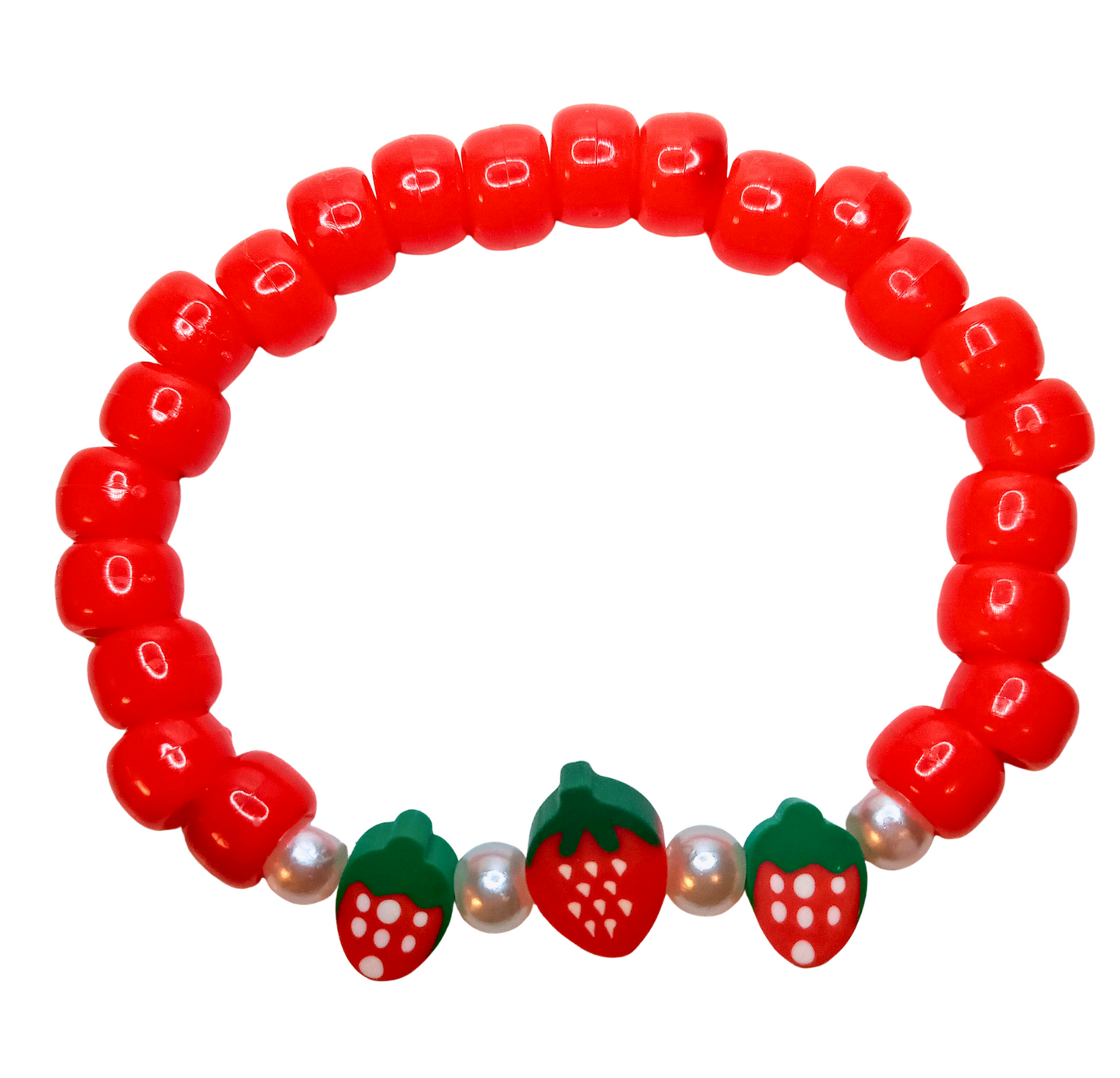 "Strawberries Kisses" Red Beaded Bracelet with Strawberry Charms & Pearls